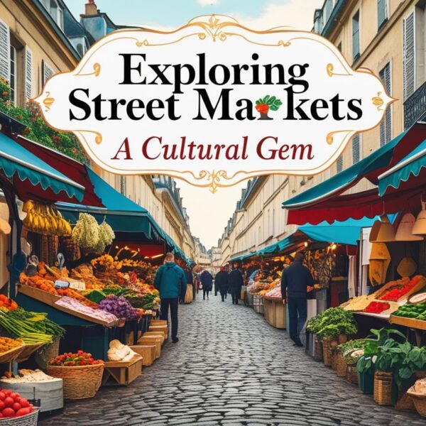 Colorful French street market with fresh produce, vibrant awnings, and local shoppers on a cobblestone street.