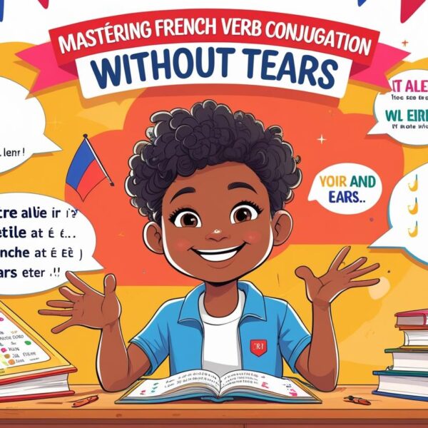 Cartoon illustration of a smiling child studying French verb conjugation at HERE AND NOW, surrounded by colorful speech bubbles and French landmarks