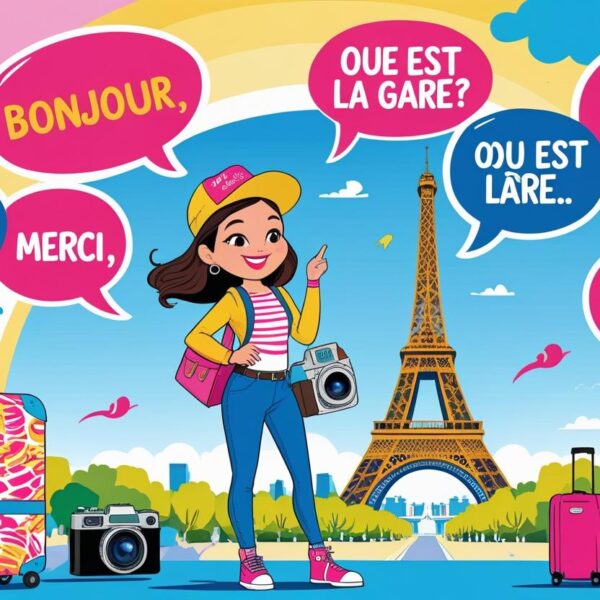 Animated image of a smiling female tourist with camera and colorful suitcases in front of the Eiffel Tower, surrounded by French speech bubbles like “Bonjour” and “Où est la gare?”