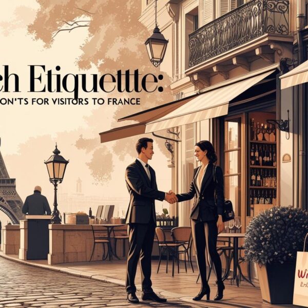 Elegant couple greeting in front of a Paris café near the Eiffel Tower, symbolizing French etiquette for tourists.