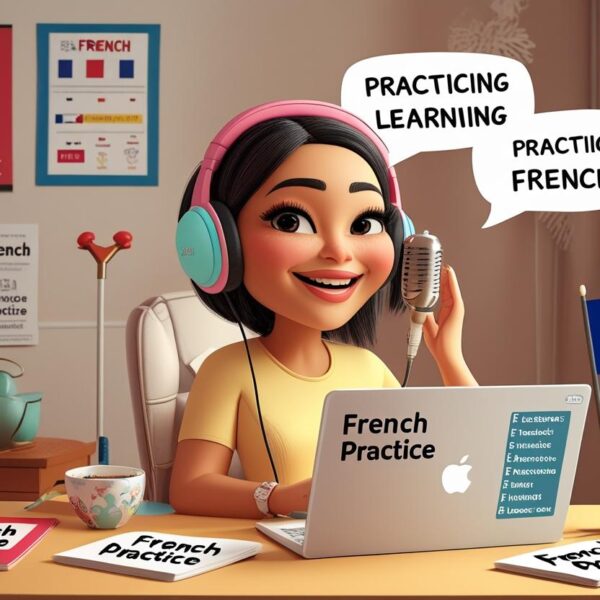 Cheerful woman practicing French speaking alone at a desk, wearing headphones and speaking into a microphone, surrounded by French learning materials and French flags.