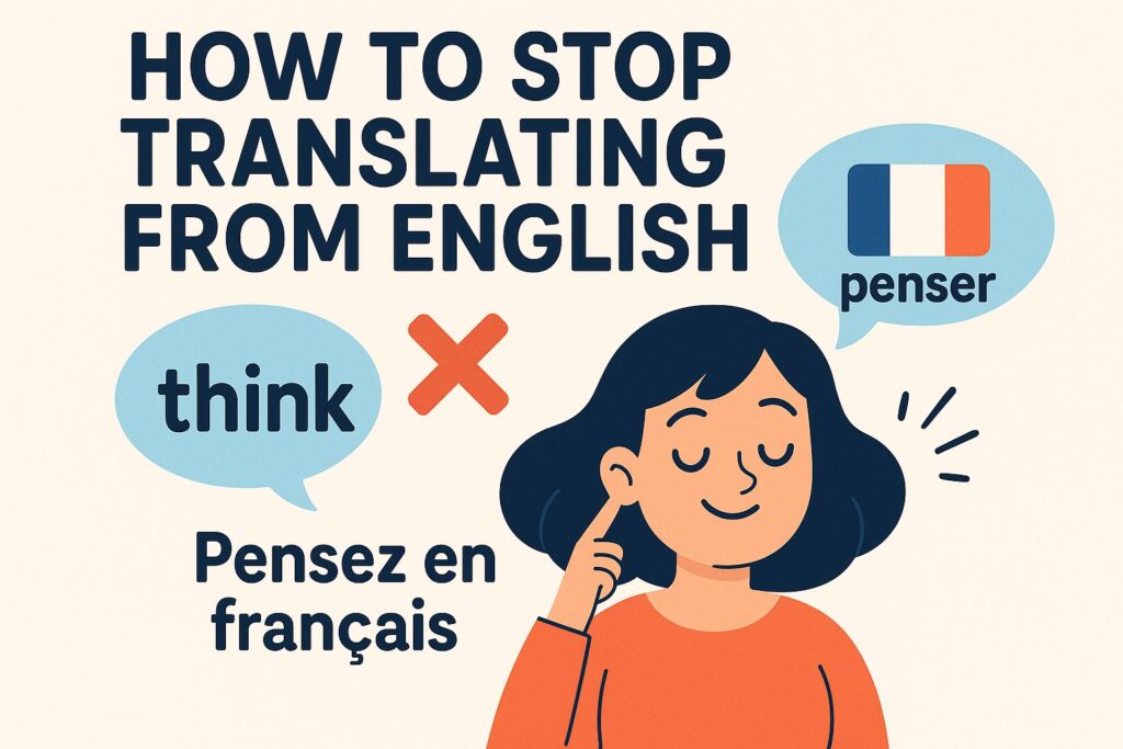 Illustration by HERE AND NOW – The French Institute showing a woman thinking with speech bubbles: “think” in English and “penser” in French, along with the phrase “Pensez en français.”