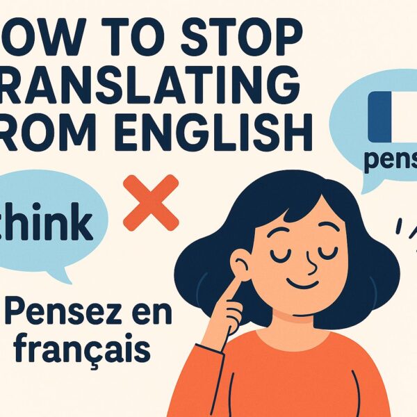 Illustration by HERE AND NOW – The French Institute showing a woman thinking with speech bubbles: “think” in English and “penser” in French, along with the phrase “Pensez en français.”