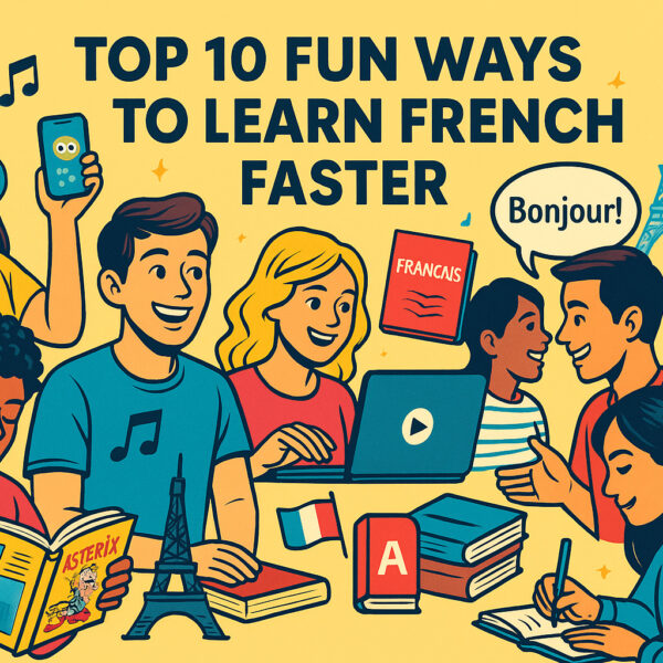 Young people learning French through fun activities like music, apps, movies, and reading, with French cultural symbols and the text “Top 10 Fun Ways to Learn French Faster.